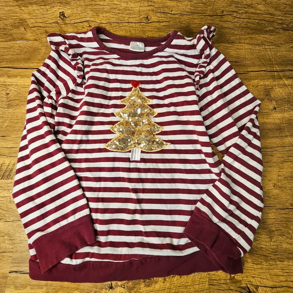 Christmas Burgandy Striped Gold Sequins Long Sleeved Ruffle Shoulder shirt 8/10